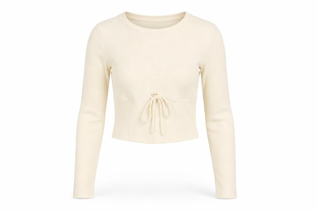 Bershka Women's Ivory Cropped Slim Knit Top, XS