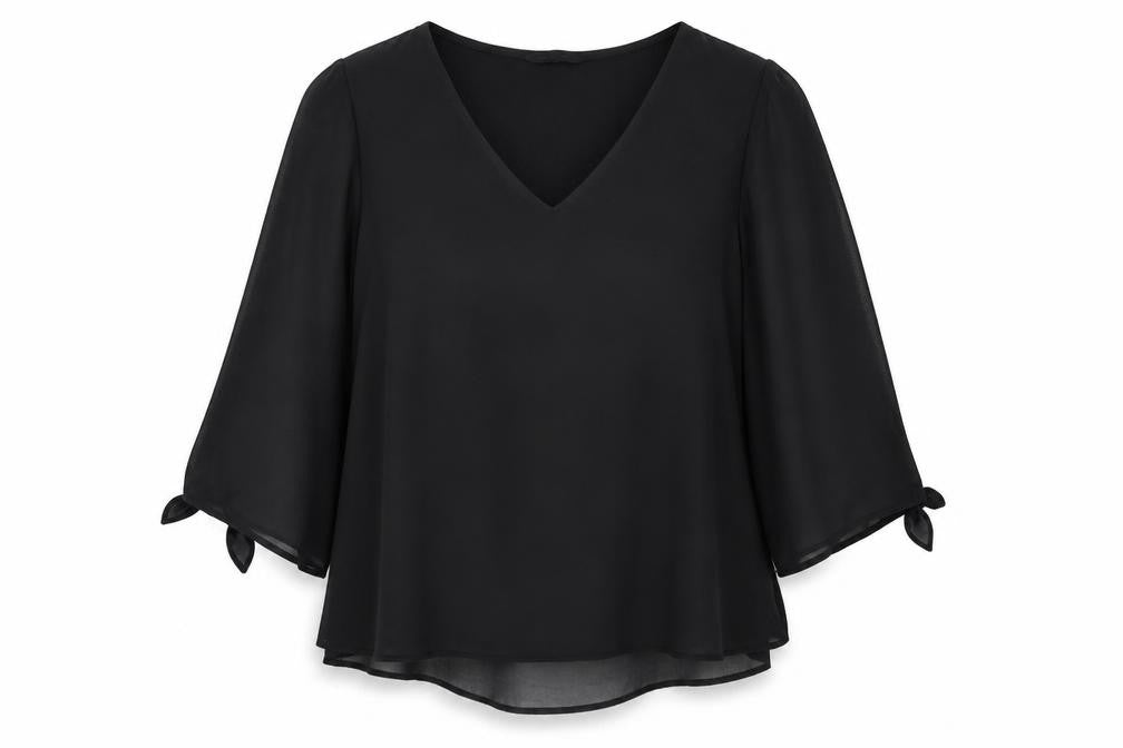 Front view of Roman Women's Black V-Neck 3/4 Sleeve Blouse, size 14