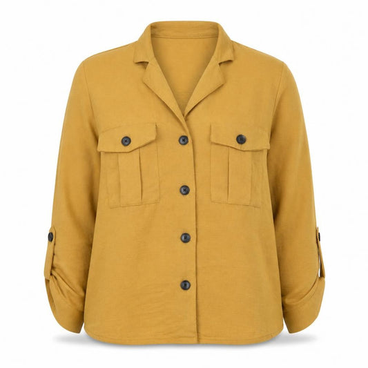 Front view of STUDIO Women's Yellow Button-Up Shirt, size 10