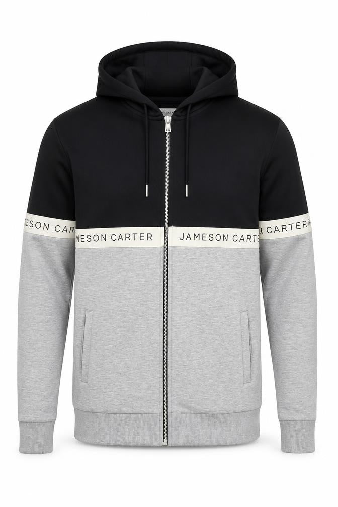 Front view of Jameson Carter Men's Black Grey Full Zip Hoodie M