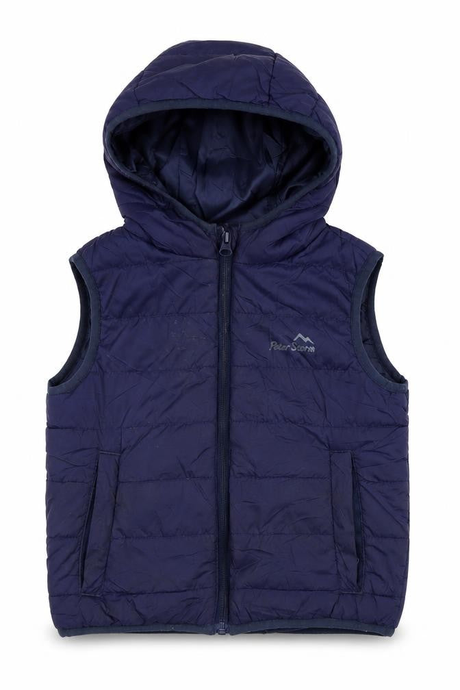 Front view of Peter Storm boys’ blue hooded bodywarmer jacket, 3-4 years