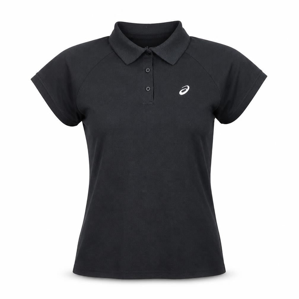 Front view of Asics Women's Black Polo Shirt, M, Cotton-Poly Blend