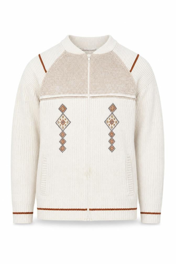 Front view of Dunn & Co Men's Ivory Geometric Knit Jacket M