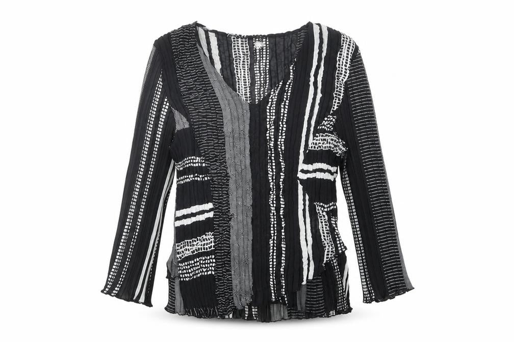 Front view of Country Casuals Women's Black Striped Blouse M - Elegant and Stylish
