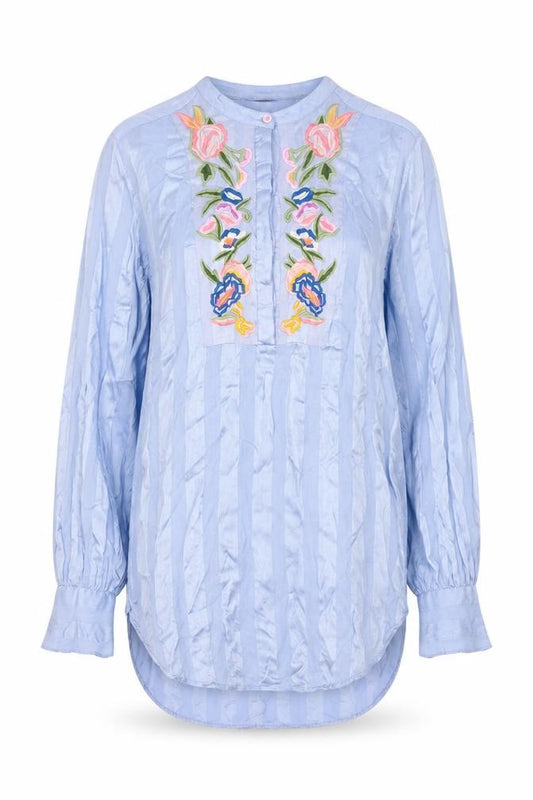 Front view of French Connection Women's Blue Embroidered Blouse, size 10