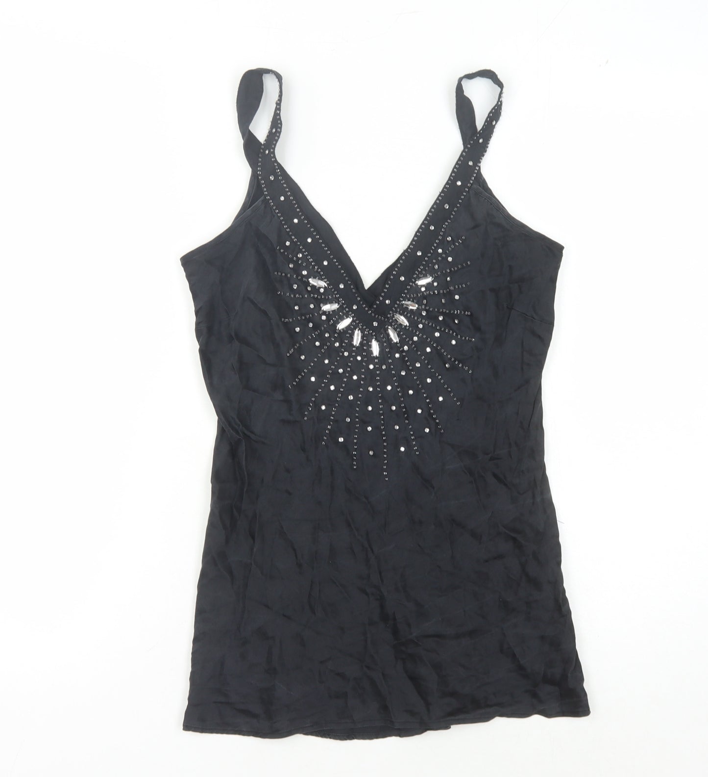 Warehouse Black Silk Camisole with Rhinestones, Size 10