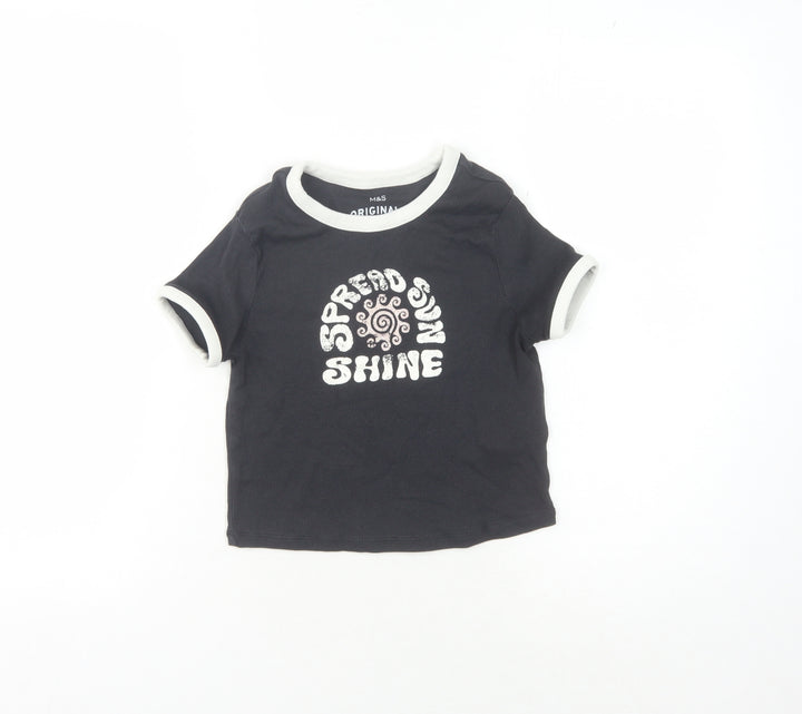 Marks and Spencer Girls Black Graphic Ringer T-Shirt 10-11 Years