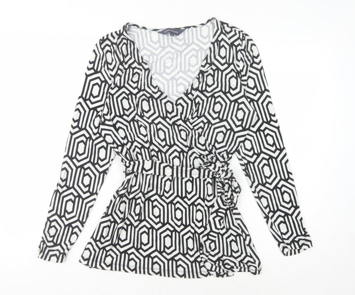 Sosandar Women's Wrap Blouse, Black Geometric, Size 12