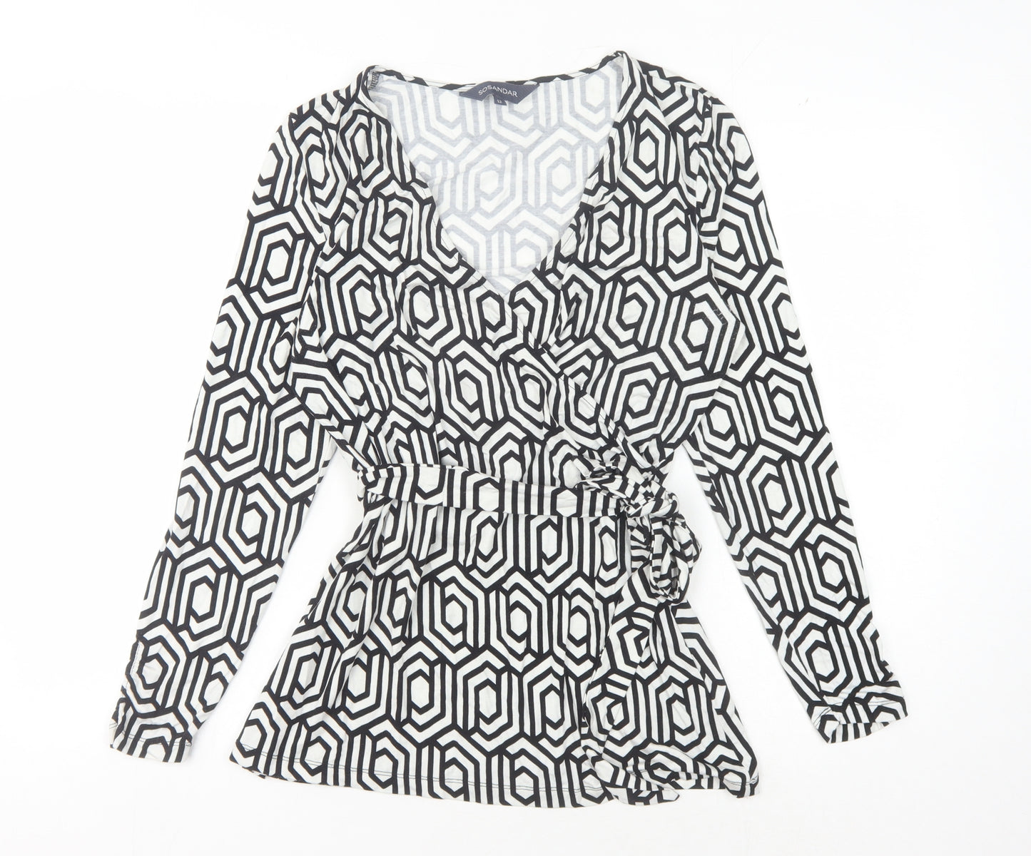 Sosandar Women's Wrap Blouse, Black Geometric, Size 12