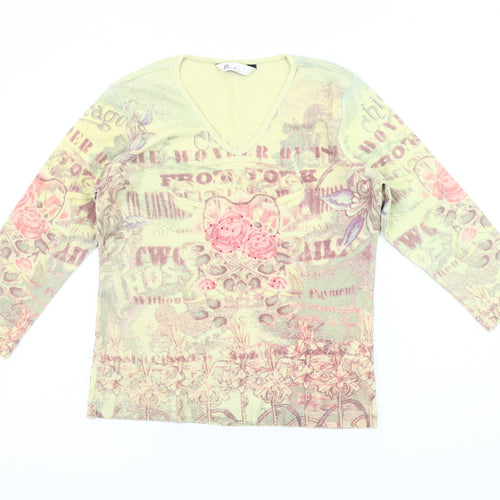 BHS Women's Green Floral Jersey Top, Size 14, V-Neck, Casual