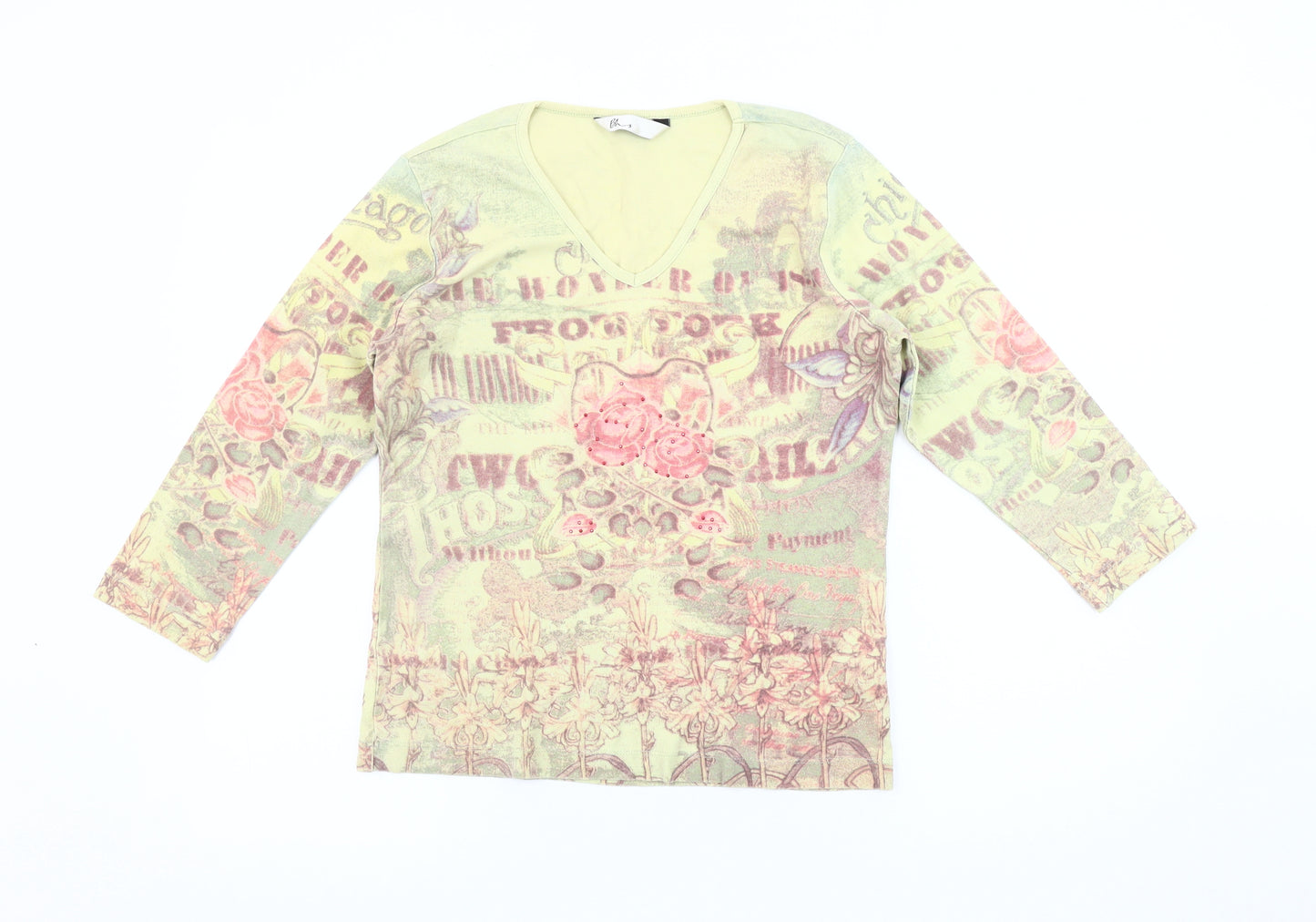 BHS Women's Green Floral Jersey Top, Size 14, V-Neck, Casual