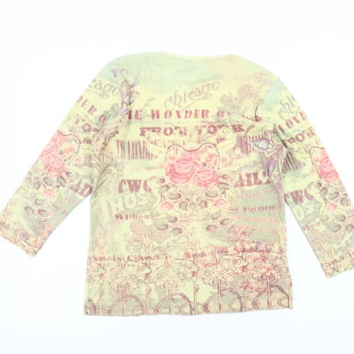 BHS Women's Green Floral Jersey Top, Size 14, V-Neck, Casual