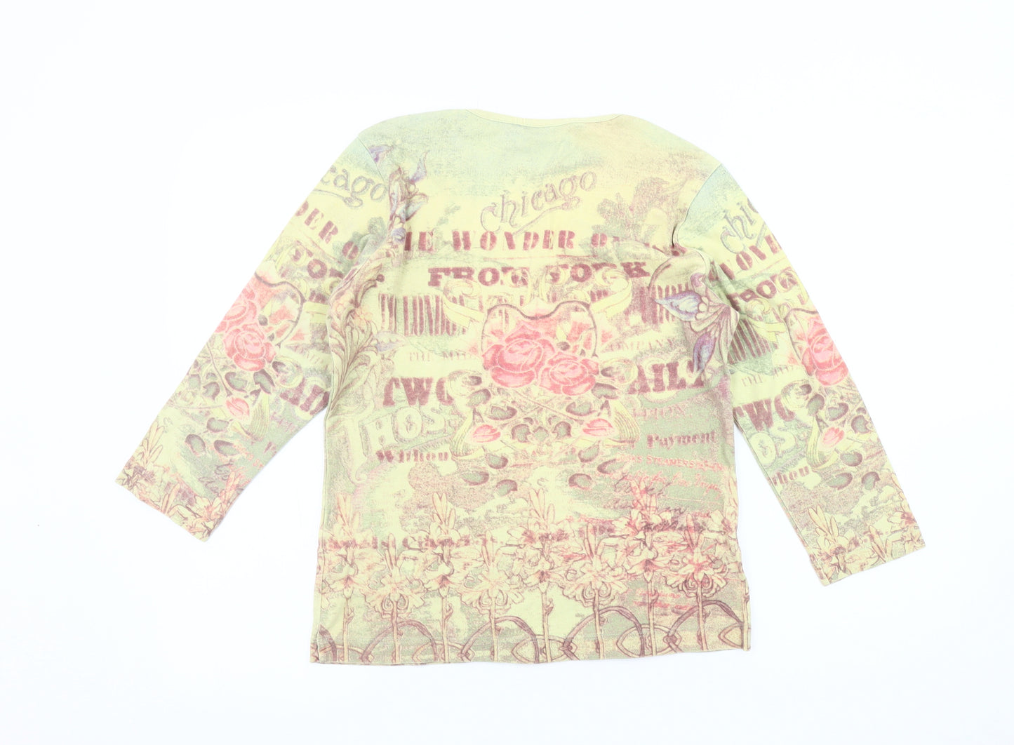 BHS Women's Green Floral Jersey Top, Size 14, V-Neck, Casual