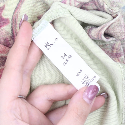 BHS Women's Green Floral Jersey Top, Size 14, V-Neck, Casual