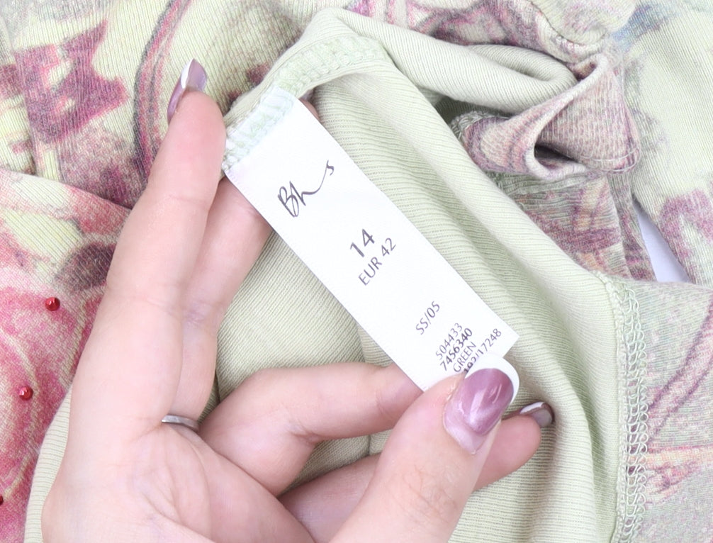 BHS Women's Green Floral Jersey Top, Size 14, V-Neck, Casual