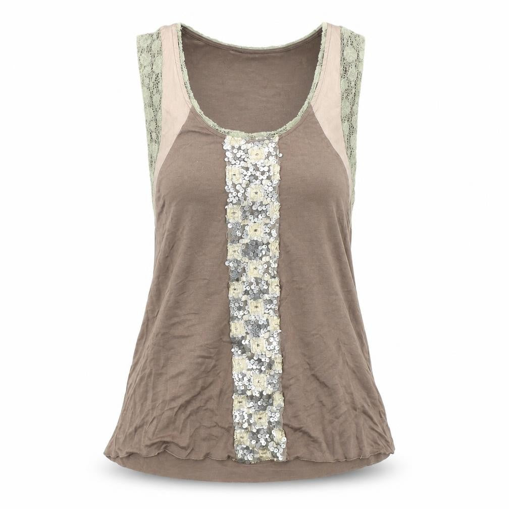 Front view of Cupio Women's Brown Sequin Lace Tank Top, size S