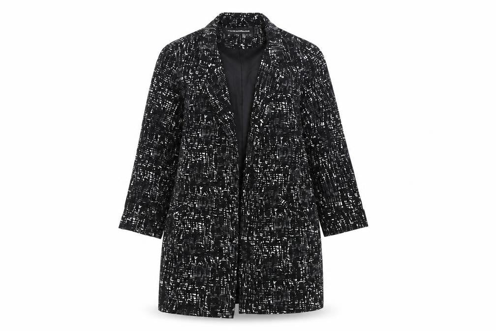 Front view of Warehouse Women’s Black Suit Jacket, size S, Abstract Pattern