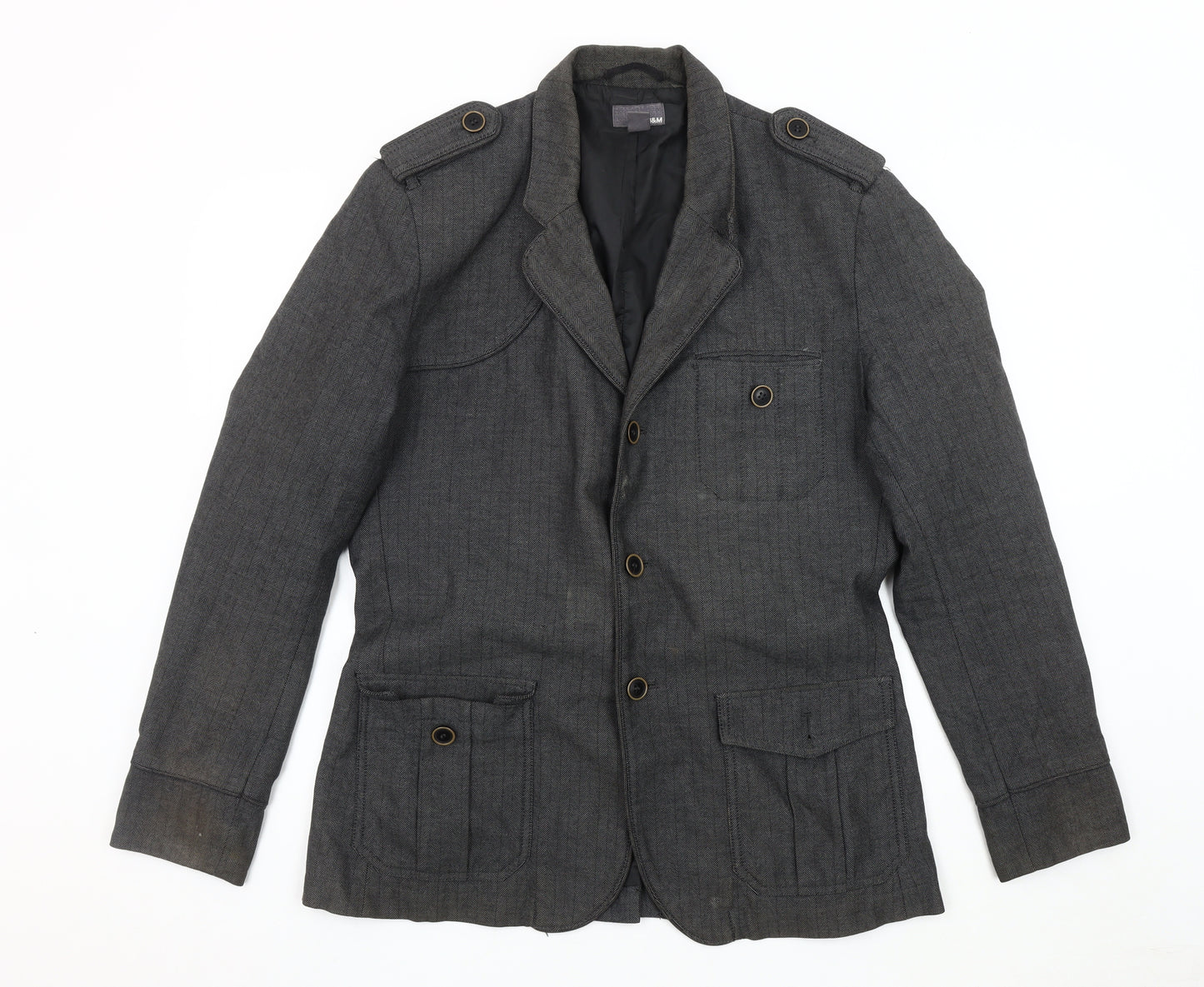 H&M Men's Grey Military Jacket, Size 42, Classic Style