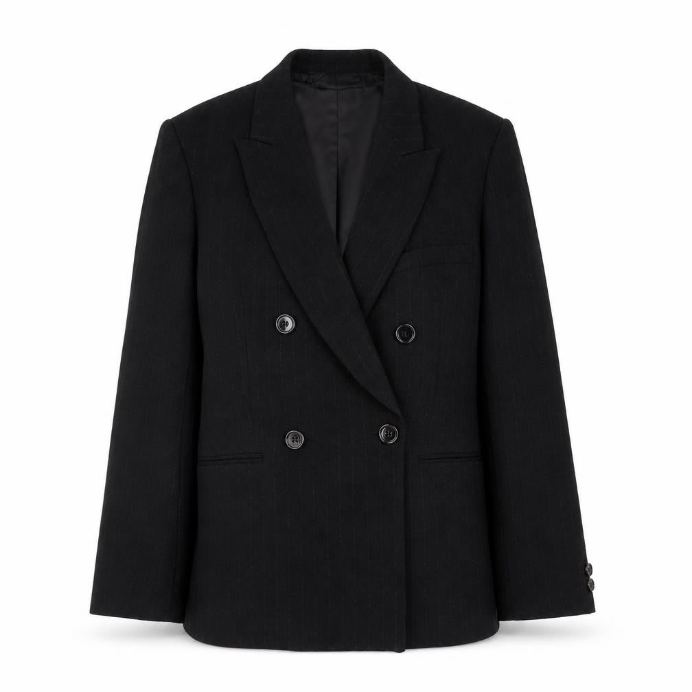 Front view of Zara Women's Black Pinstripe Double-Breasted Jacket, size 4