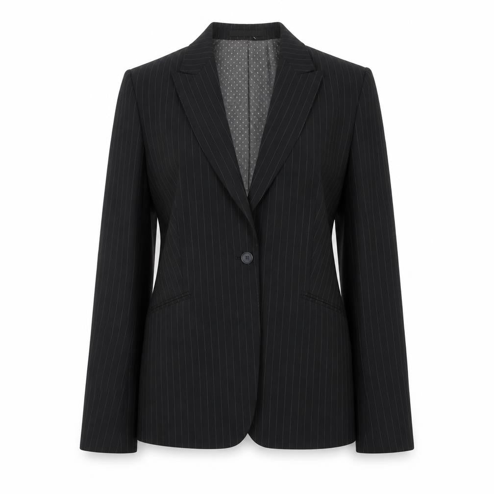 Front view of Cadenza Women's Black Pinstripe Suit Jacket, size 16