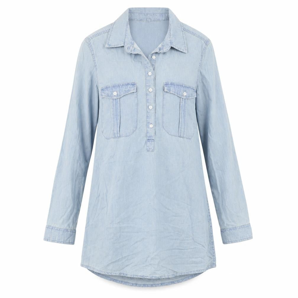 Front view of Select Women's Blue Button-Up Denim Shirt, size 10