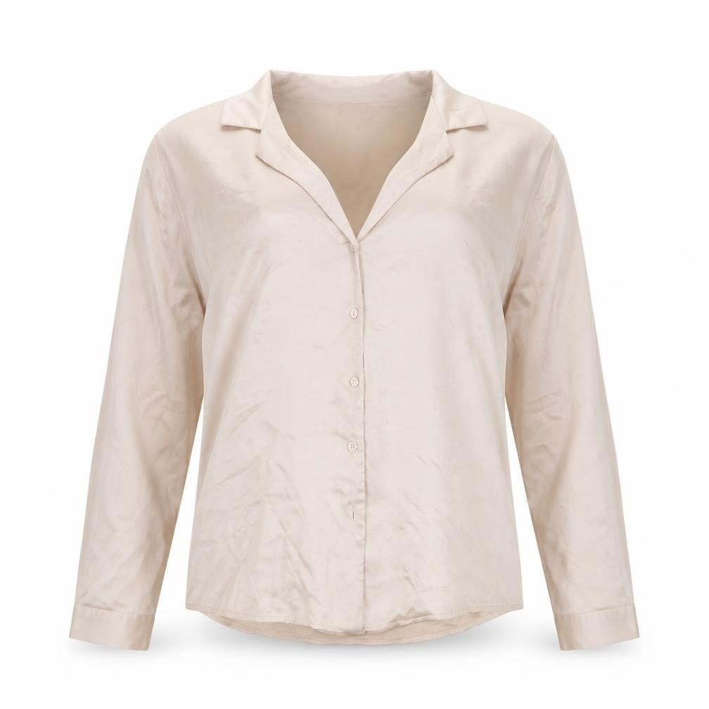 Front view of ASOS Women's Beige Blouse UK, size 8, Collared, Long Sleeve