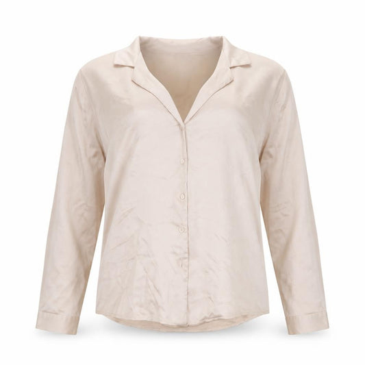 Front view of ASOS Women's Beige Blouse UK, size 8, Collared, Long Sleeve