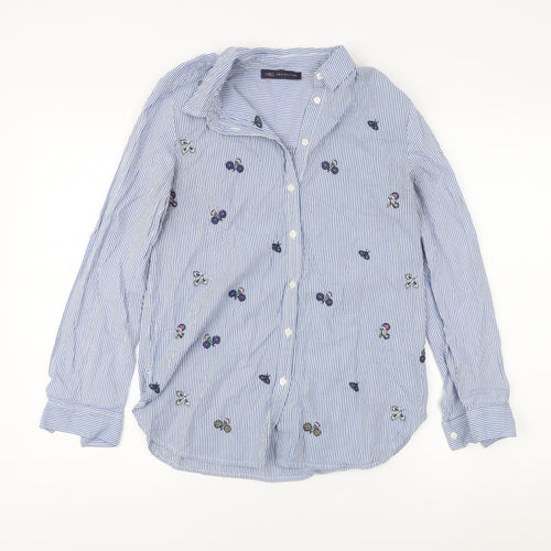 Marks and Spencer Women's Blue Striped Embroidered Button-Up Size 8