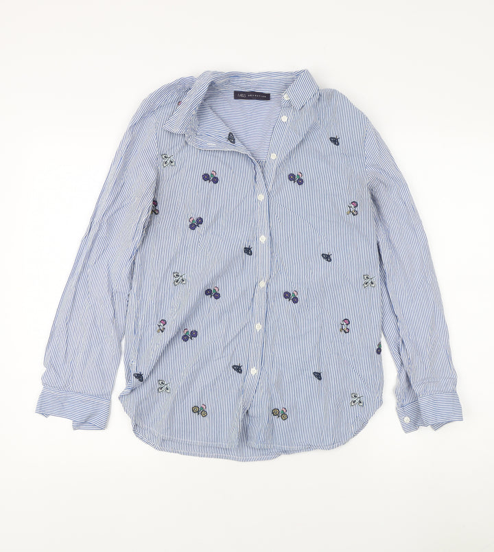 Marks and Spencer Women's Blue Striped Embroidered Button-Up Size 8