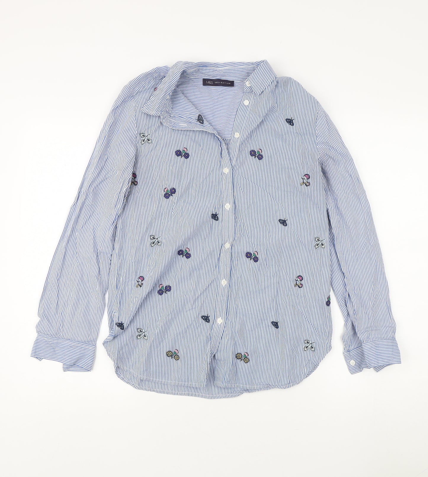 Marks and Spencer Women's Blue Striped Embroidered Button-Up Size 8