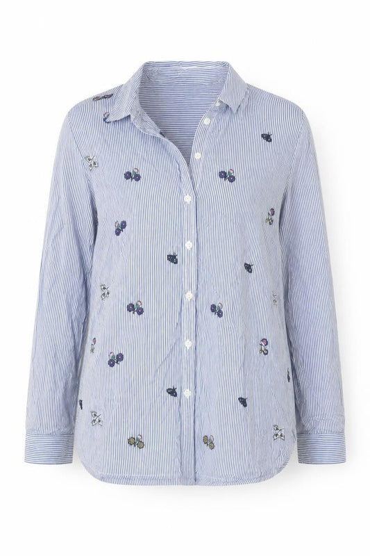 Front view of Marks & Spencer Women's Blue Striped Embroidered Button-Up, size 8