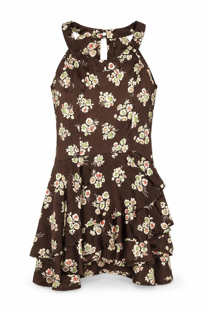 Front view of Next Women's Brown Floral A-Line Short Dress, size 8