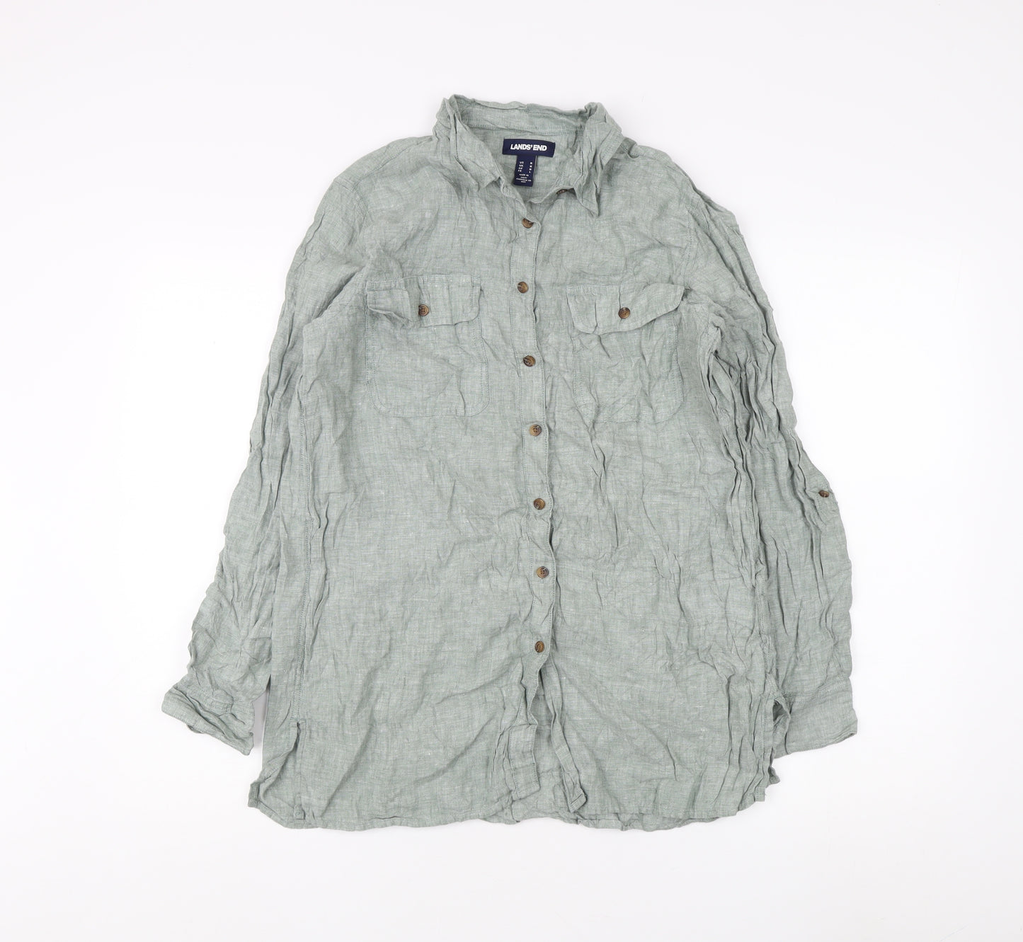 Lands' End Men's Green Linen Long Sleeve Shirt M