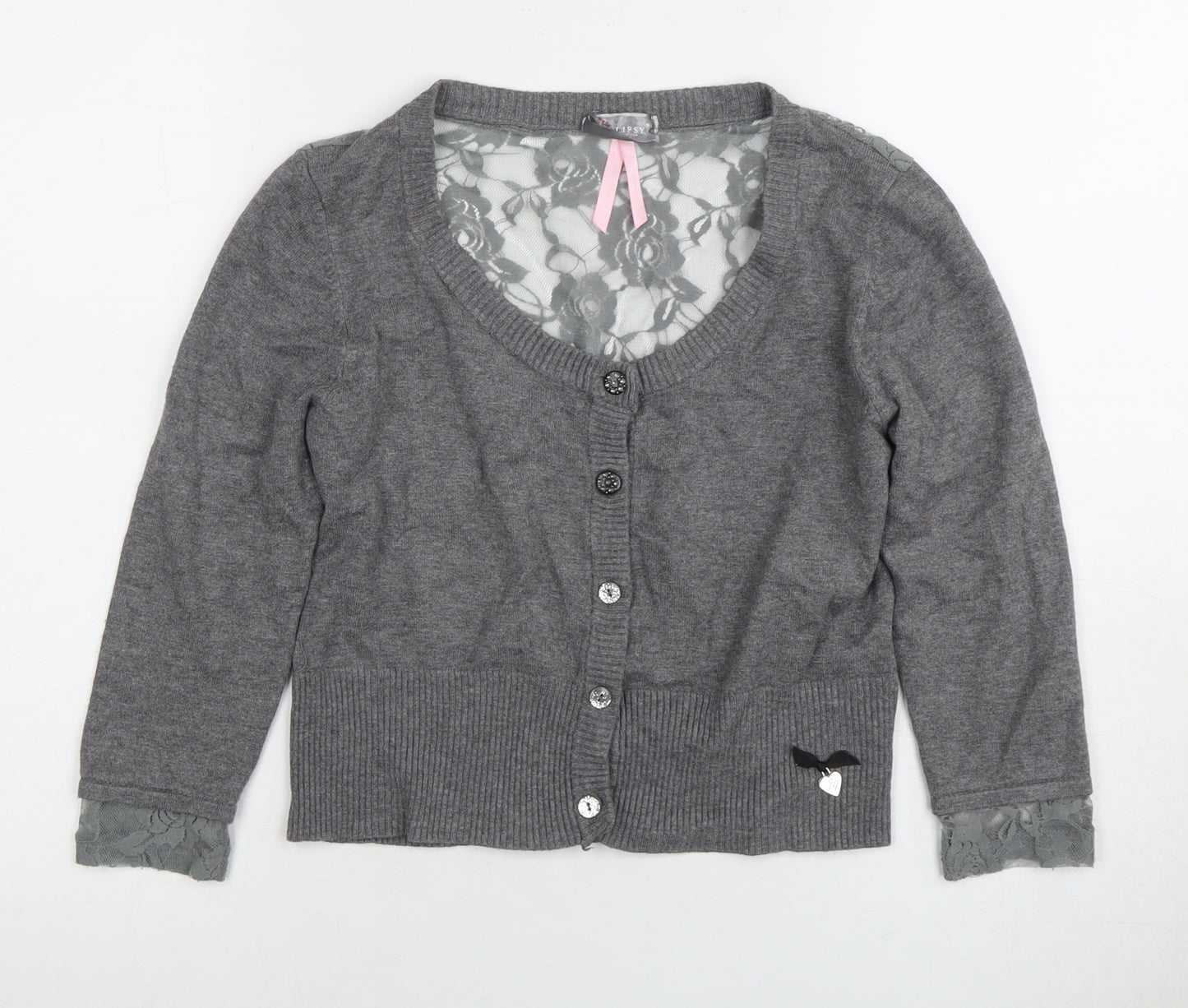 Lipsy Women’s Grey Cardigan M Scoop Neck Lace Accents