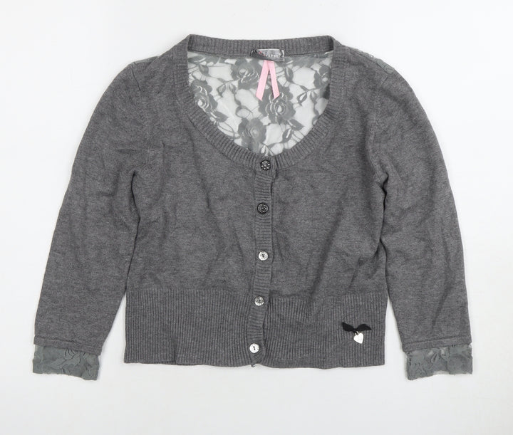 Lipsy Women’s Grey Cardigan M Scoop Neck Lace Accents