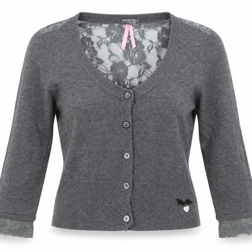 Lipsy Women’s Grey Cardigan M Scoop Neck Lace Accents