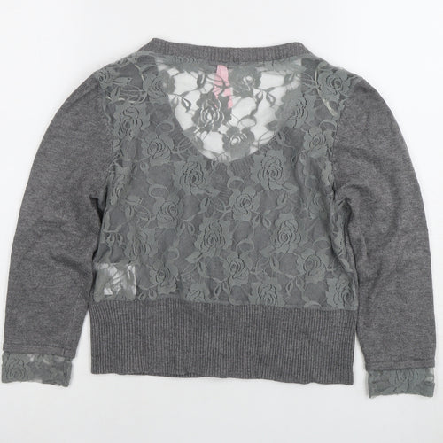 Lipsy Women’s Grey Cardigan M Scoop Neck Lace Accents