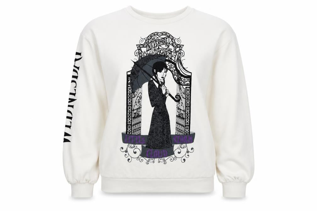 Front view of girls’ white wednesday graphic pullover sweatshirt 13 years