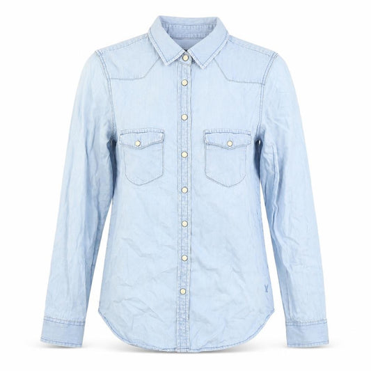 Front view of American Eagle Blue Button-Up Shirt S Long Sleeve Collared