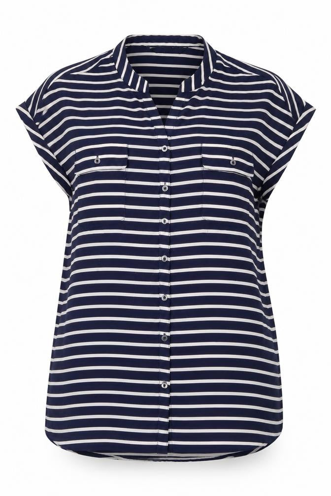 Front view of Mercer & Madison Women's Blue Striped Button-Up Shirt