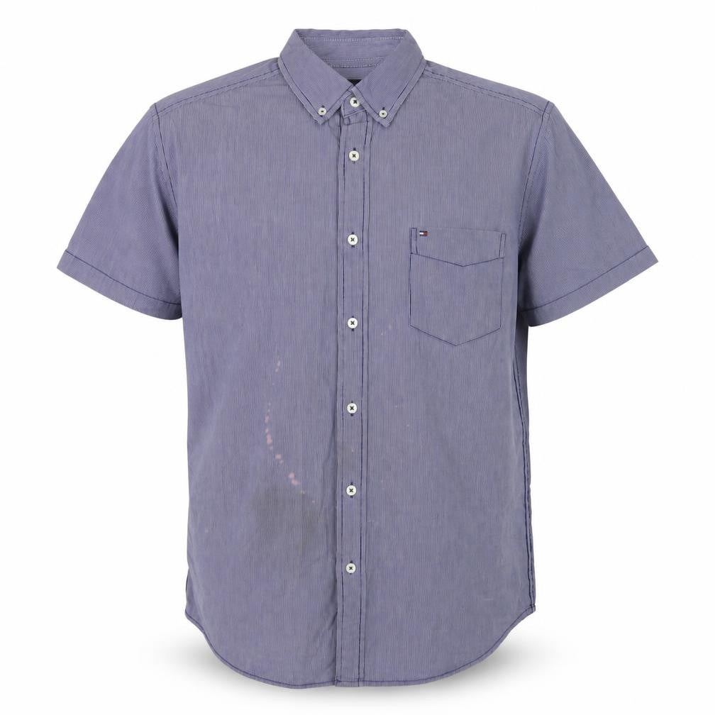Front view of Tommy Hilfiger Men's Blue Striped Button-Up Shirt L