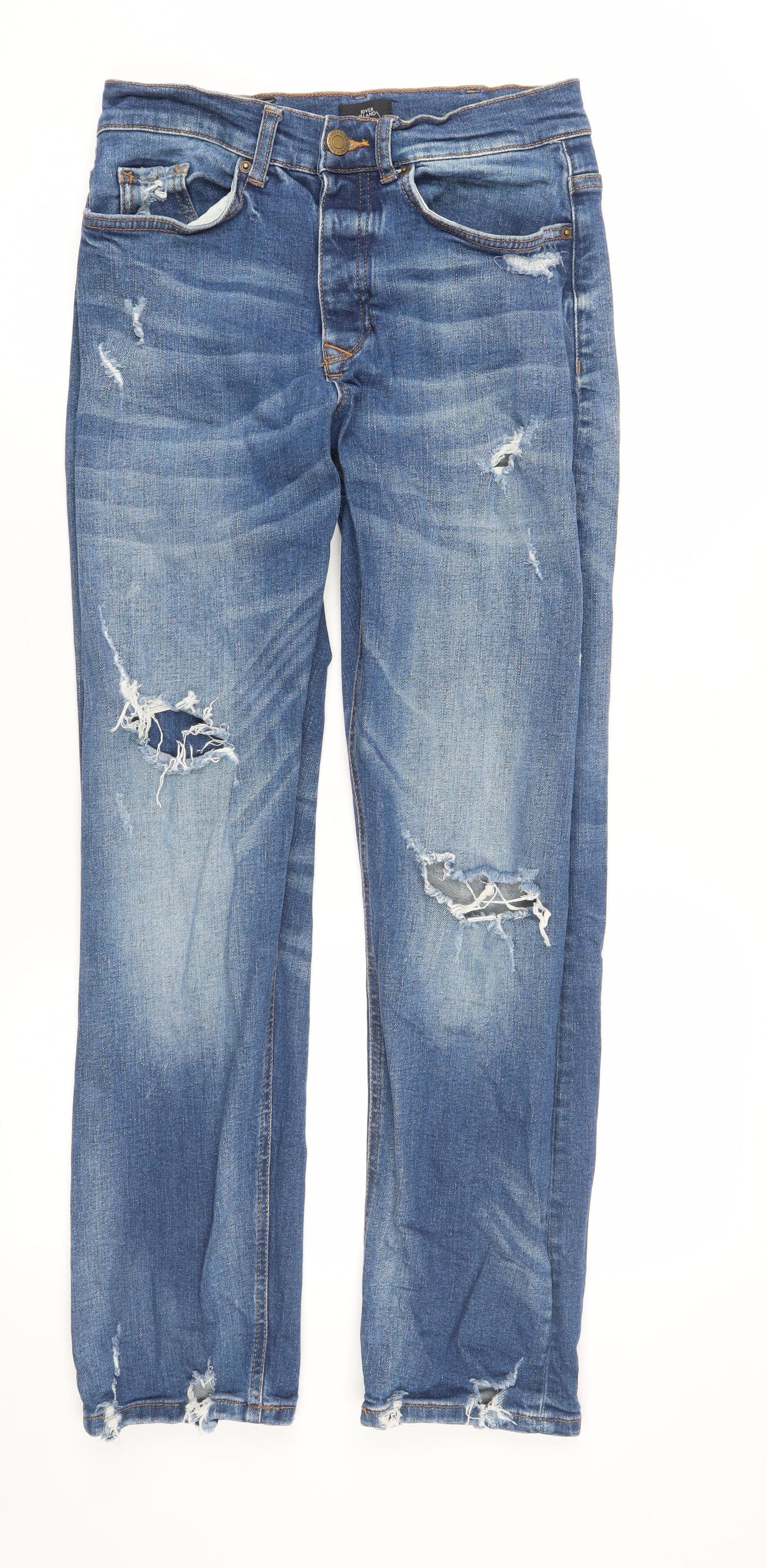 River Island Men's Blue Distressed Straight Jeans Size 28