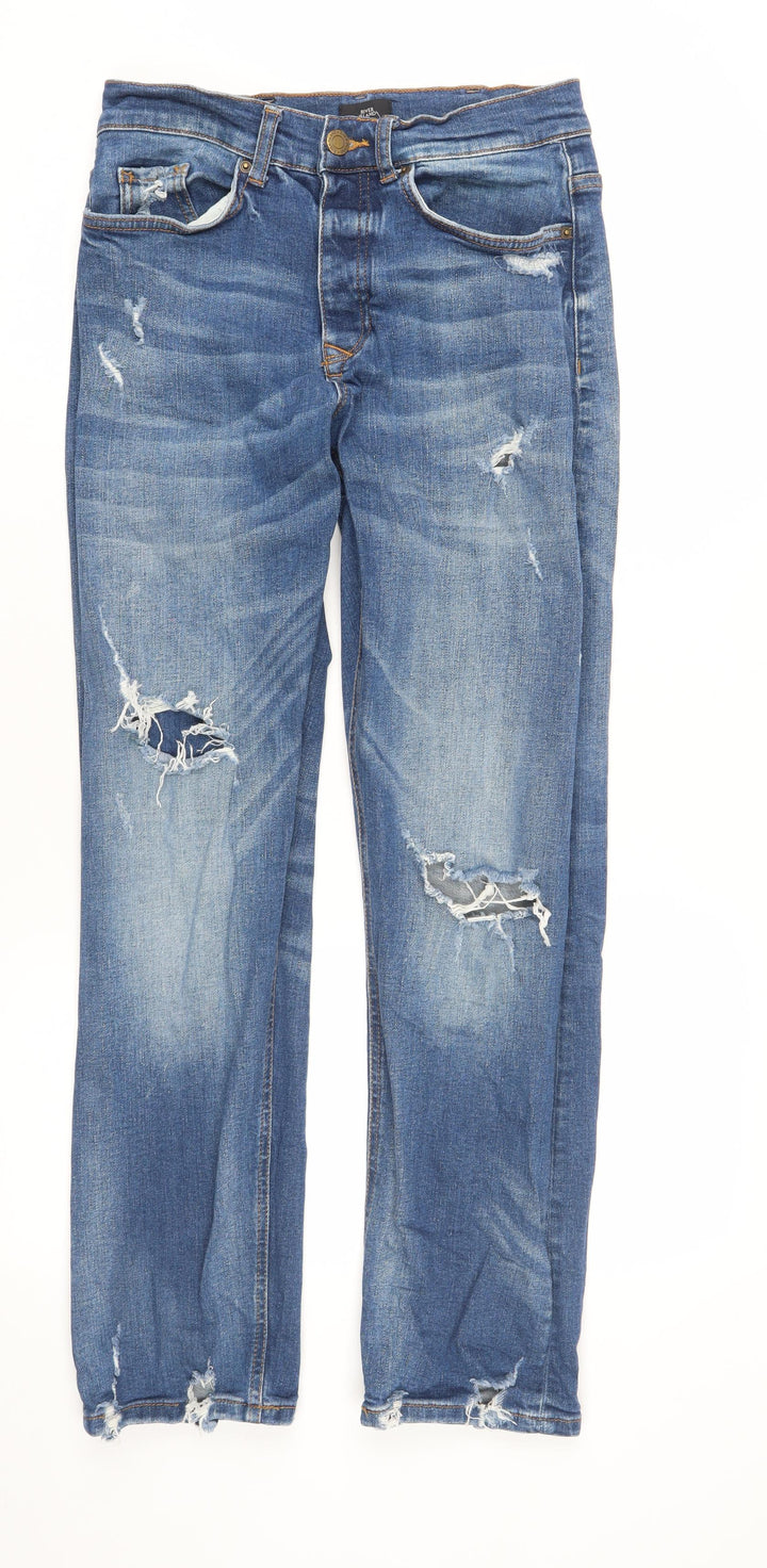 River Island Men's Blue Distressed Straight Jeans Size 28