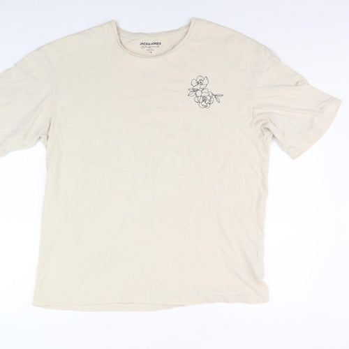 Jack & Jones Men's Beige Floral T-Shirt, Size L, Cotton, Graphic