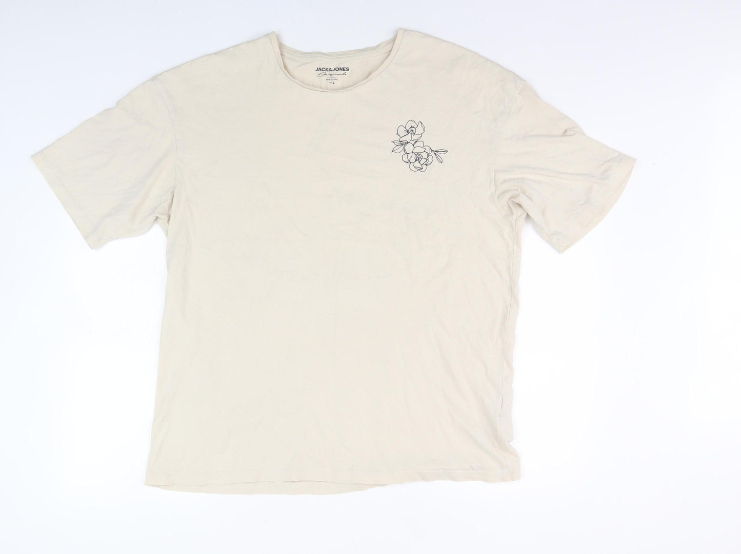 Jack & Jones Men's Beige Floral T-Shirt, Size L, Cotton, Graphic