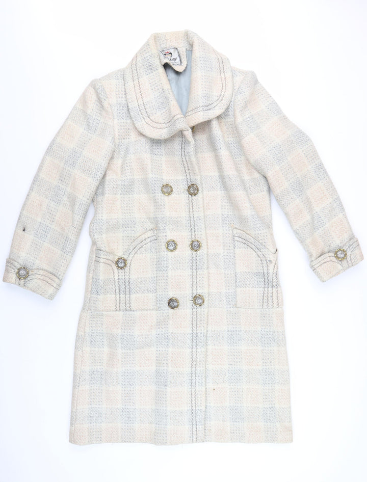 Tian Sheng Women's Beige Check Wool Pea Coat - XL