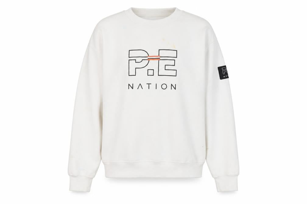 Front view of P.E Nation unisex white pullover s casual jumper