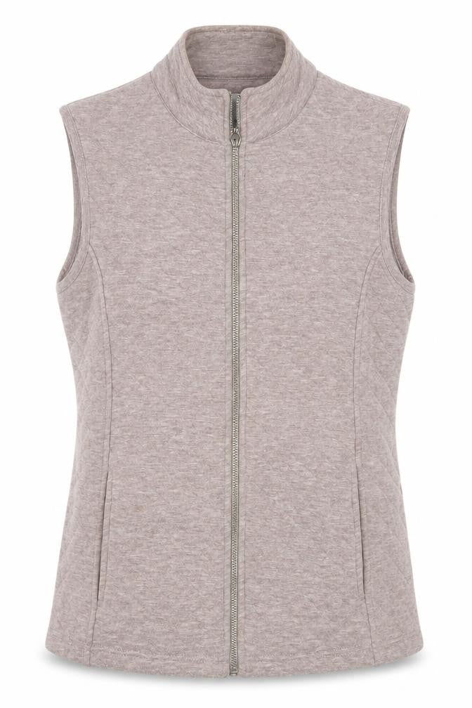 Front view of Dash Women's Beige Mid-Length Full Zip Waistcoat