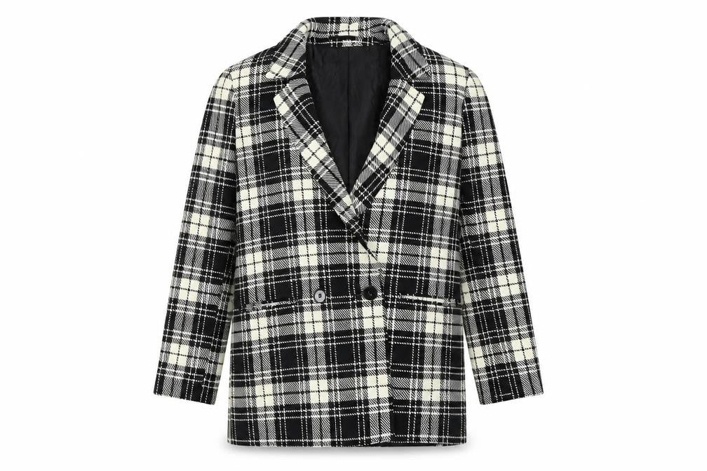 Front view of ASOS Women's Black Plaid Double-Breasted Blazer