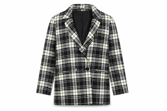 Front view of ASOS Women's Black Plaid Double-Breasted Blazer